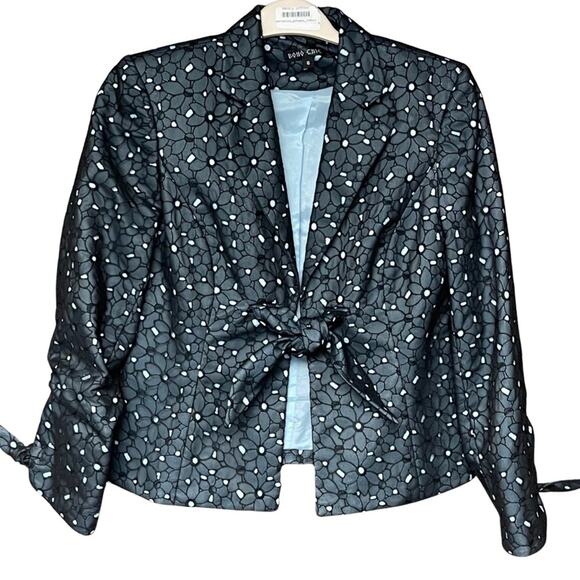 Boho Chic jacket black eyelet short vintage tie front tie sleeves size 6 - Picture 1 of 5